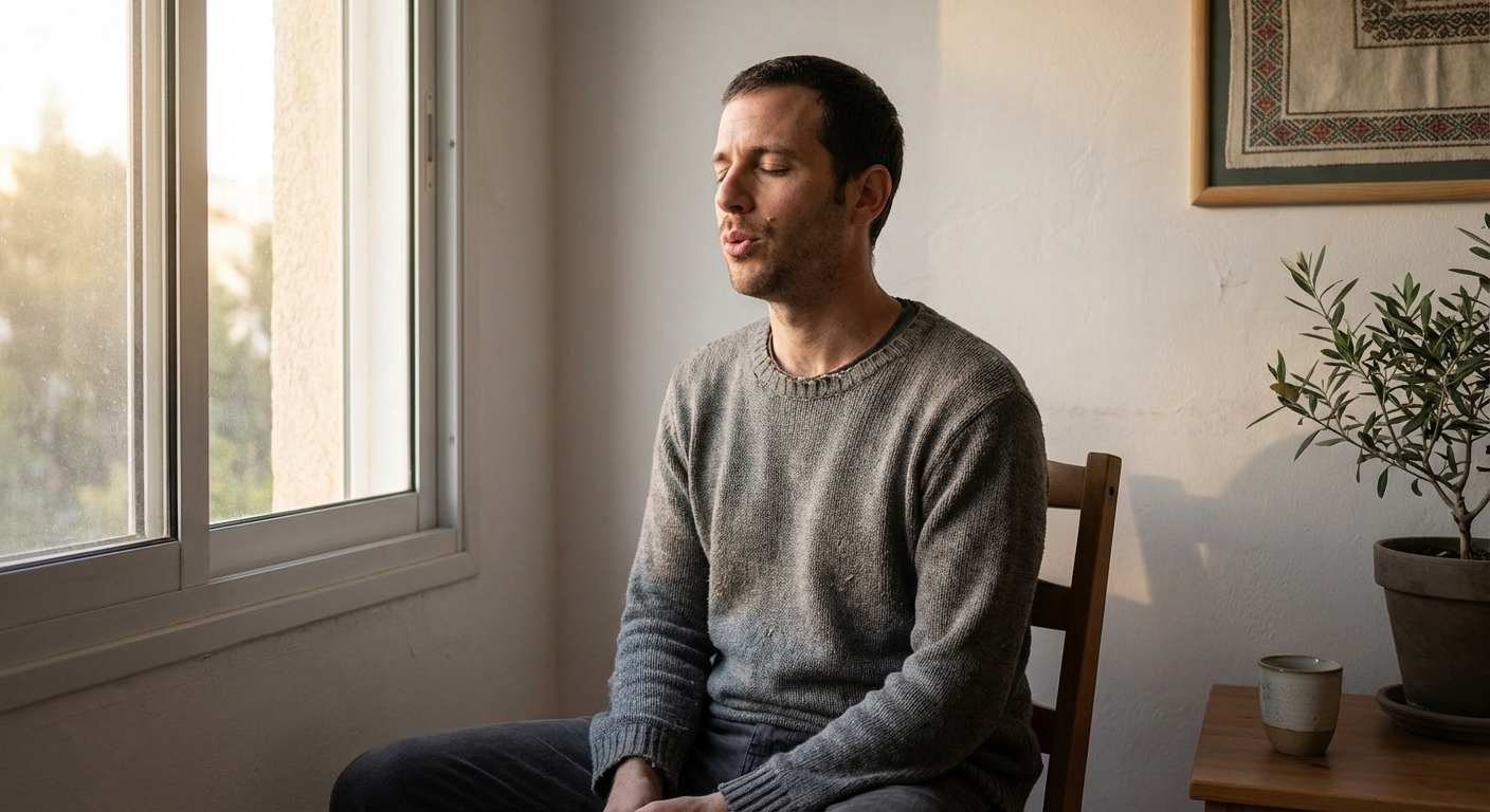 גבר ישראלי יושב על כיסא עם עיניים עצומות ושפתיים סגורות, נושם ומזמזם בשקט