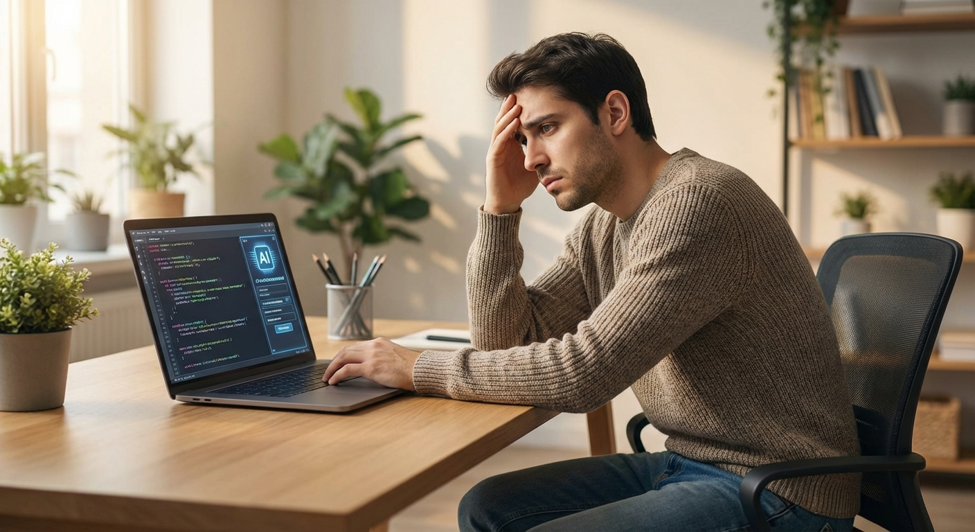 אדם יושב מול מחשב נייד עם ממשק AI ונראה מודאג
