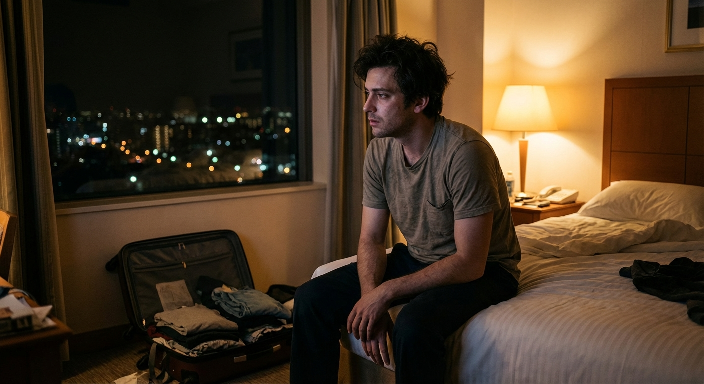 מטייל ישראלי צעיר יושב בחדר מלון עם מזוודה פתוחה, מביט דרך חלון בלילה