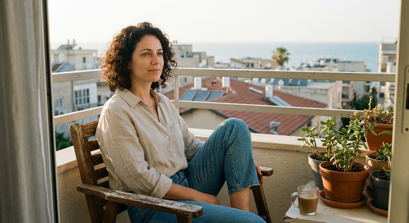 אישה ישראלית יושבת על מרפסת בבוקר עם עיניים פקוחות ומבט רגוע