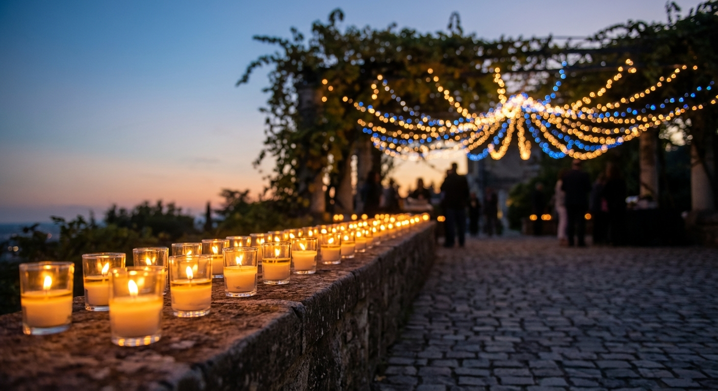 נרות זיכרון ישראליים שמתמזגים עם שרשראות אורות חגיגיות בשעת בין ערביים
