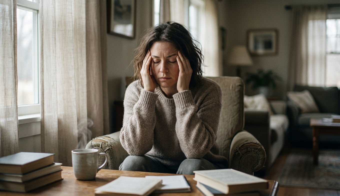 אדם יושב על ספה ליד חלון עם ידיים על הרקות, מבט עמוס ומחשבתי באור בוקר רך