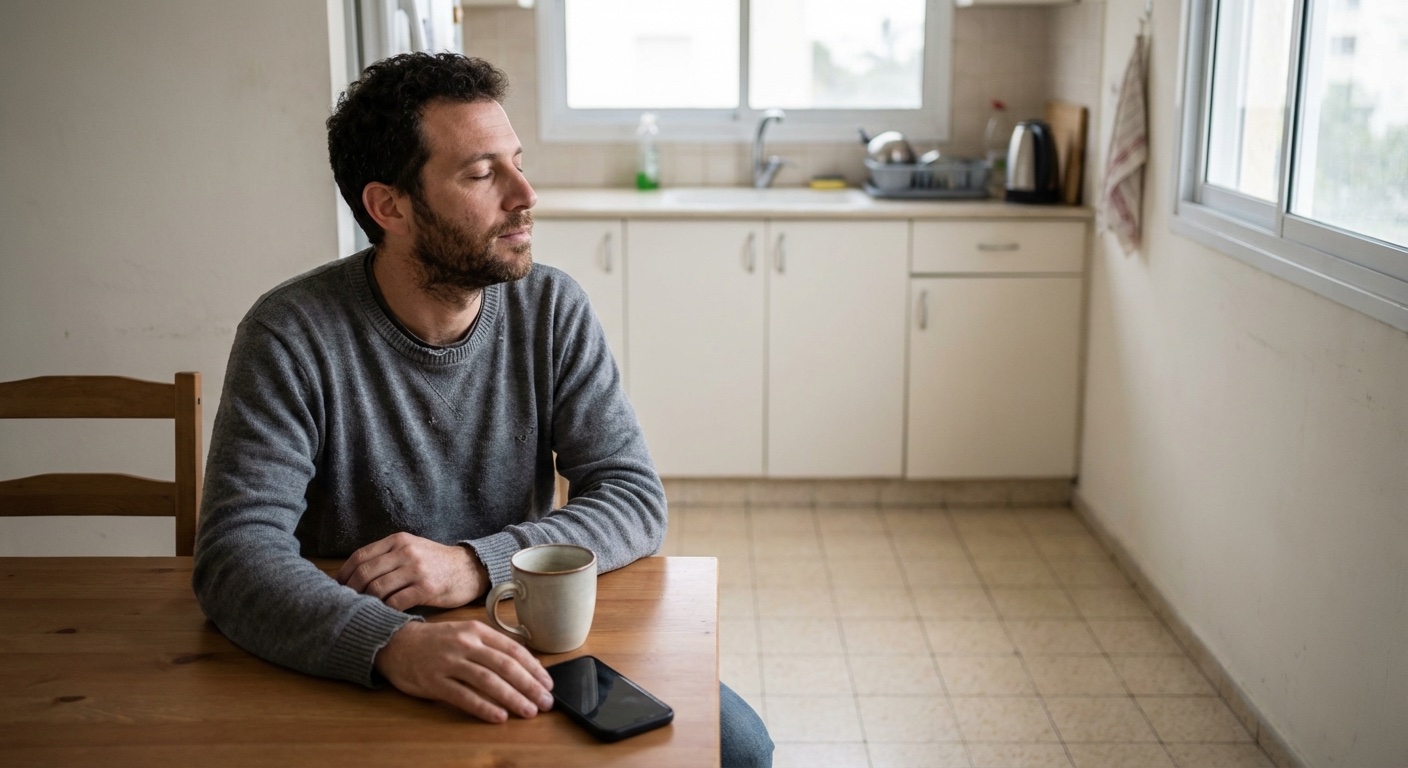גבר ישראלי יושב ליד שולחן מטבח עם כוס תה וטלפון על טיימר לחמש דקות של מיינדפולנס