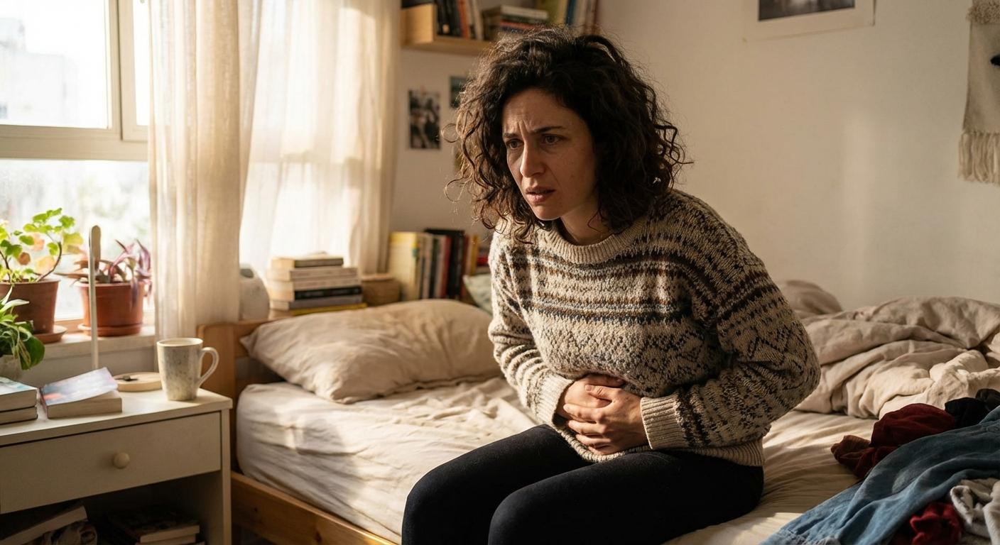 אישה ישראלית יושבת על שפת המיטה בבוקר, מניחה יד על הבטן עם מבט מודאג