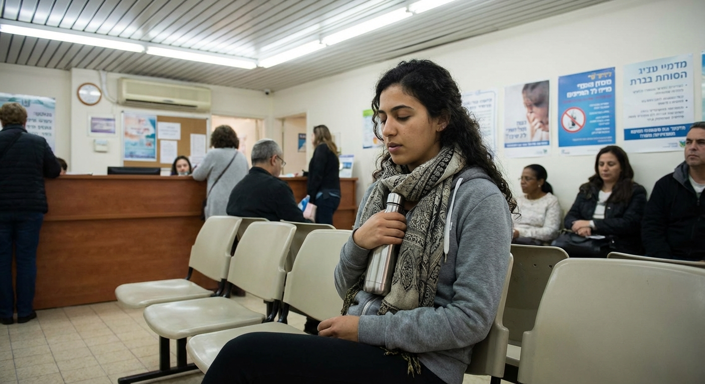 אישה ישראלית יושבת במרפאה לפני בדיקת דם, מחזיקה בקבוק מים ונושמת עמוק