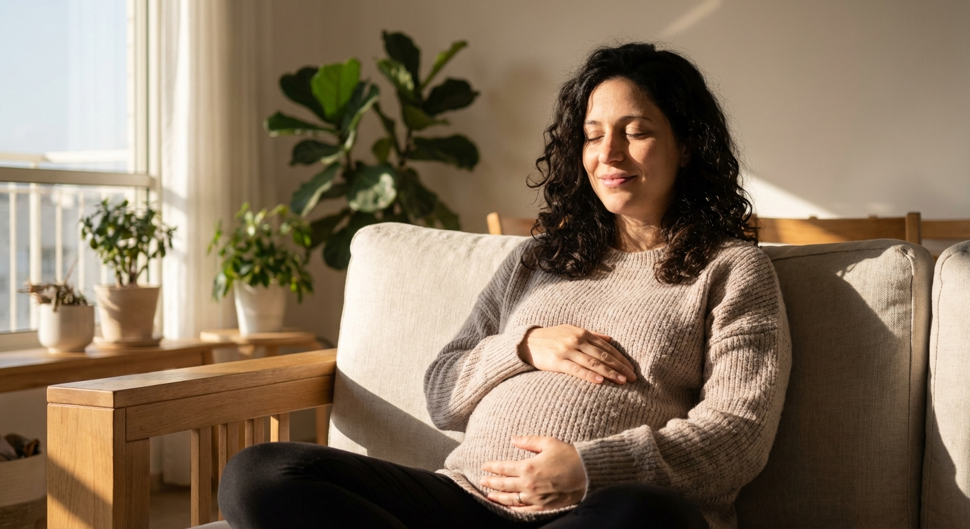 אישה ישראלית יושבת על ספה, ידיים על הבטן, עיניים עצומות, אור טבעי חמים מהחלון