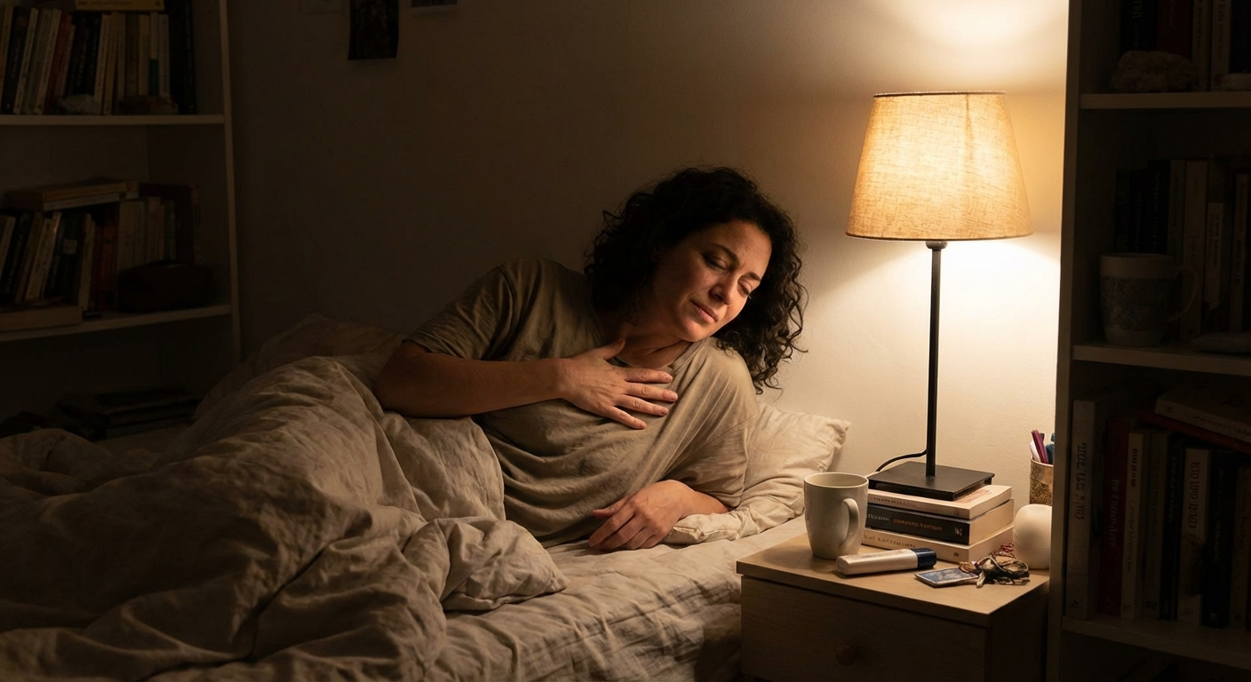 אישה ישראלית מתעוררת בלילה במיטה עם יד על החזה, נושמת עמוק להרגעה