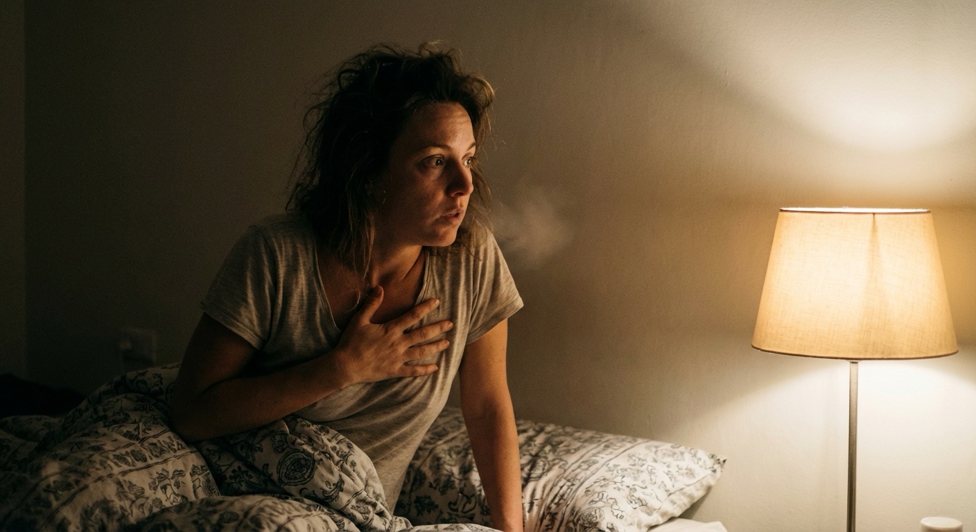 אישה ישראלית מתעוררת בלילה במיטה עם יד על החזה ונשימה מהירה באור מנורת לילה
