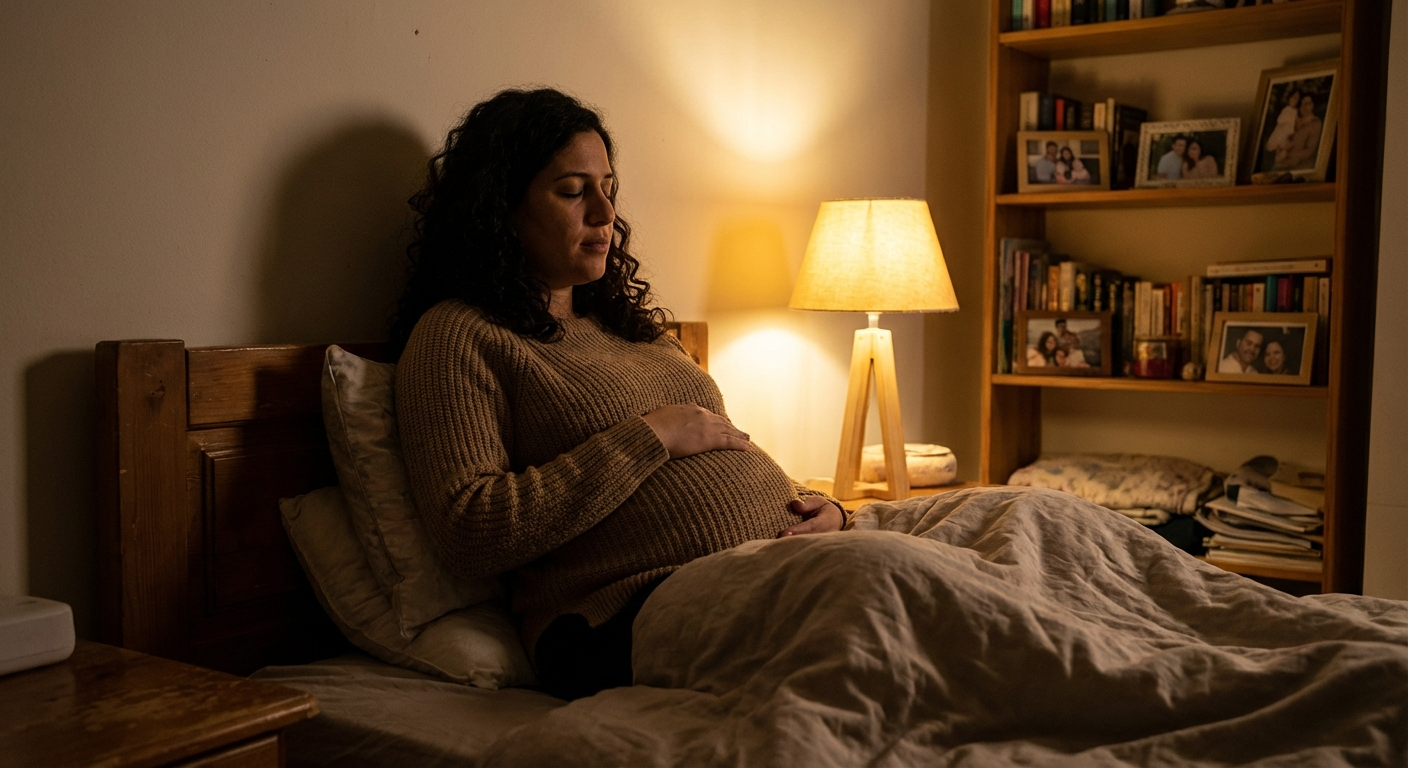 אישה בהריון יושבת במיטה בלילה עם אור חם, מניחה יד על הבטן ומתרגלת נשימה