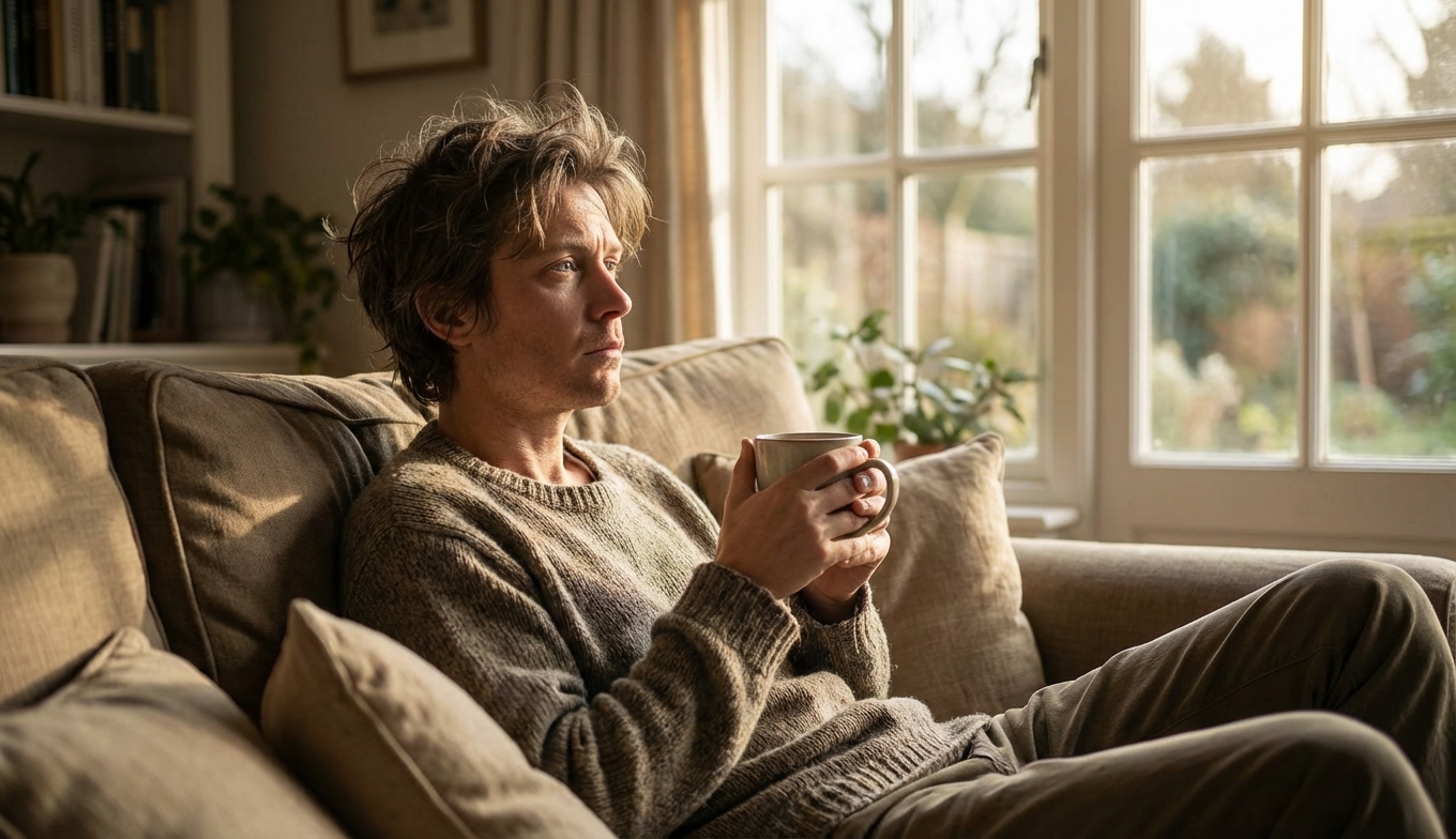 אדם יושב על ספה בסלון מואר עם כוס קפה, מביט החוצה מהחלון בעייפות