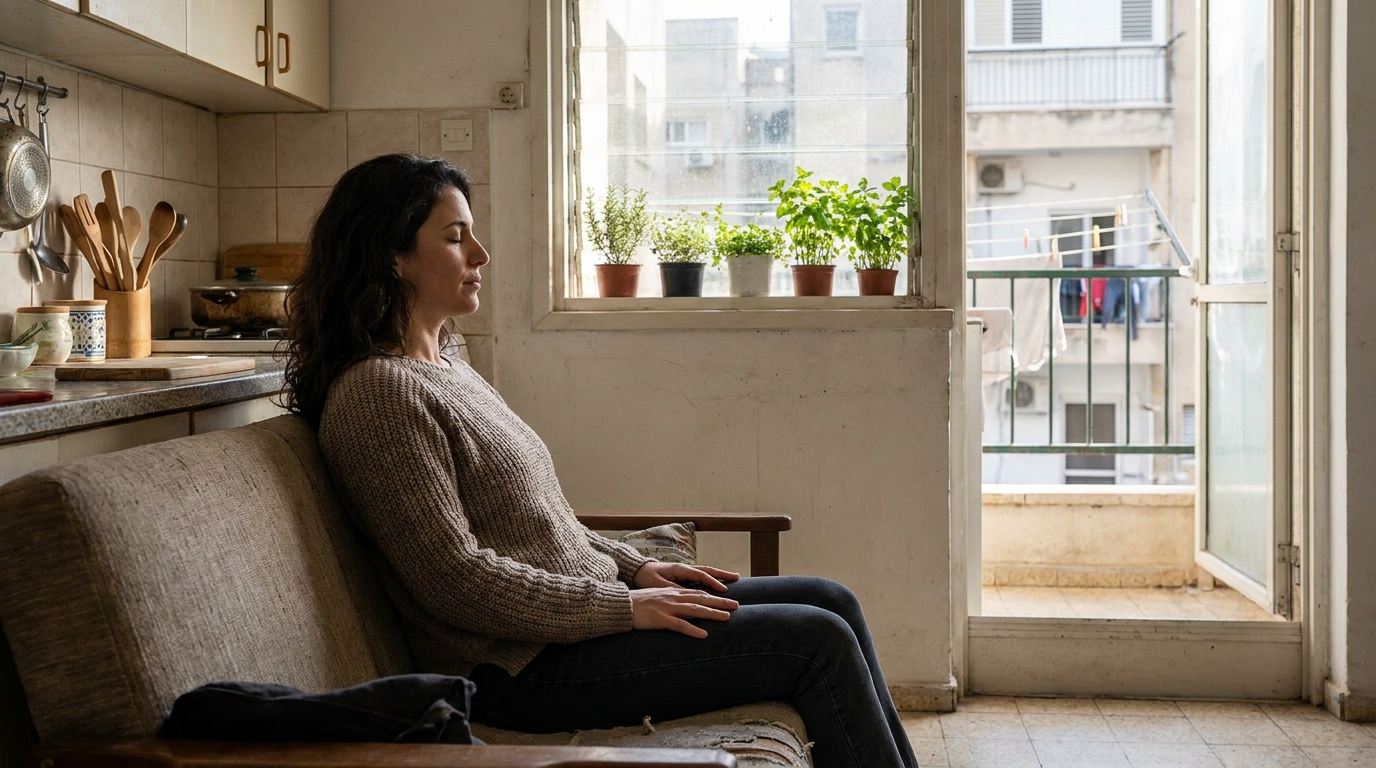 אישה בשנות השלושים לחייה יושבת על ספה במטבח ביתי, נושמת רגע לעצמה עם עיניים עצומות