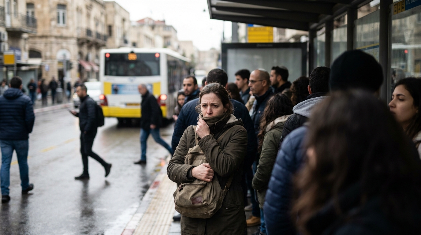 אישה בשנות השלושים לחייה עומדת בתחנת אוטובוס עמוסה עם מבט מתוח וסגור
