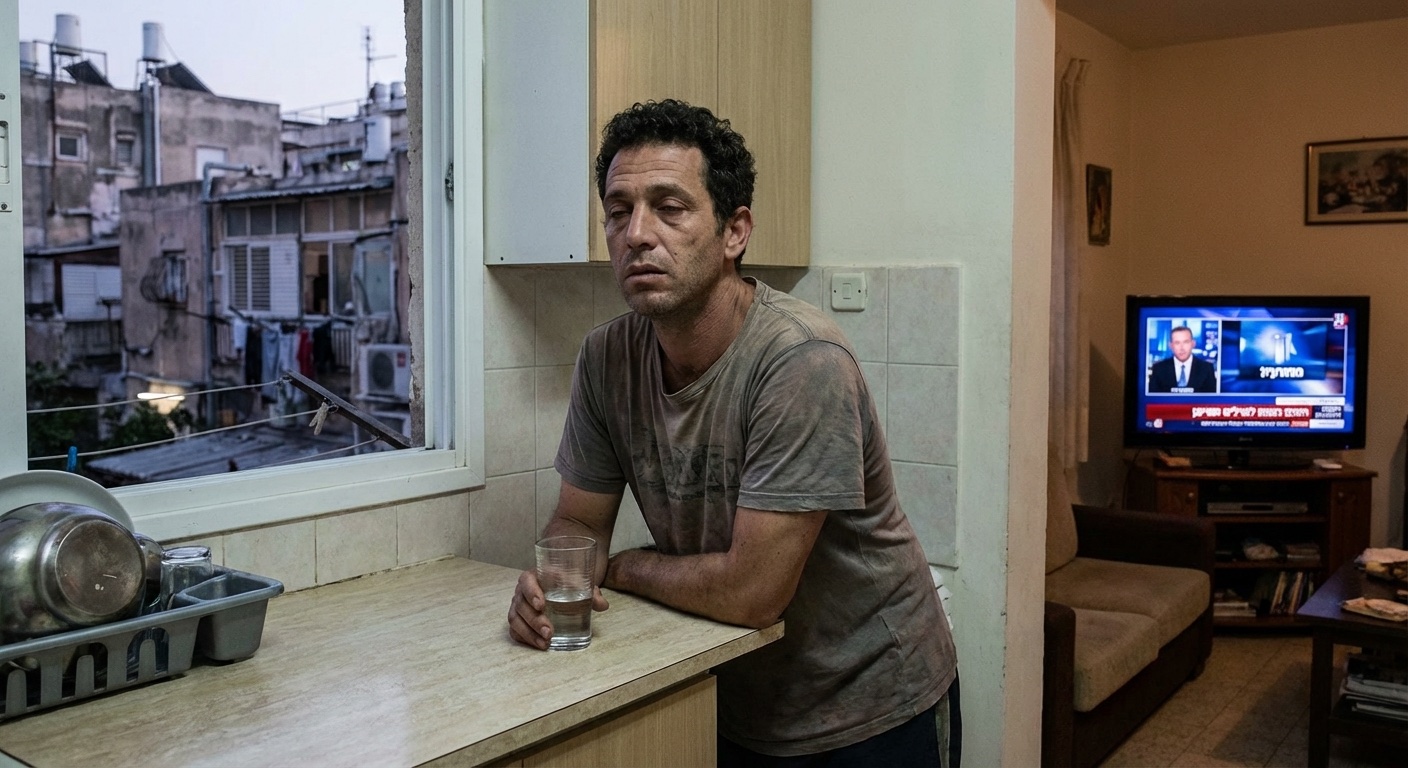 גבר ישראלי עומד במטבח ביתי בשעות הערב, נשען על השיש עם כוס מים ומביט החוצה במבט עייף אך יציב