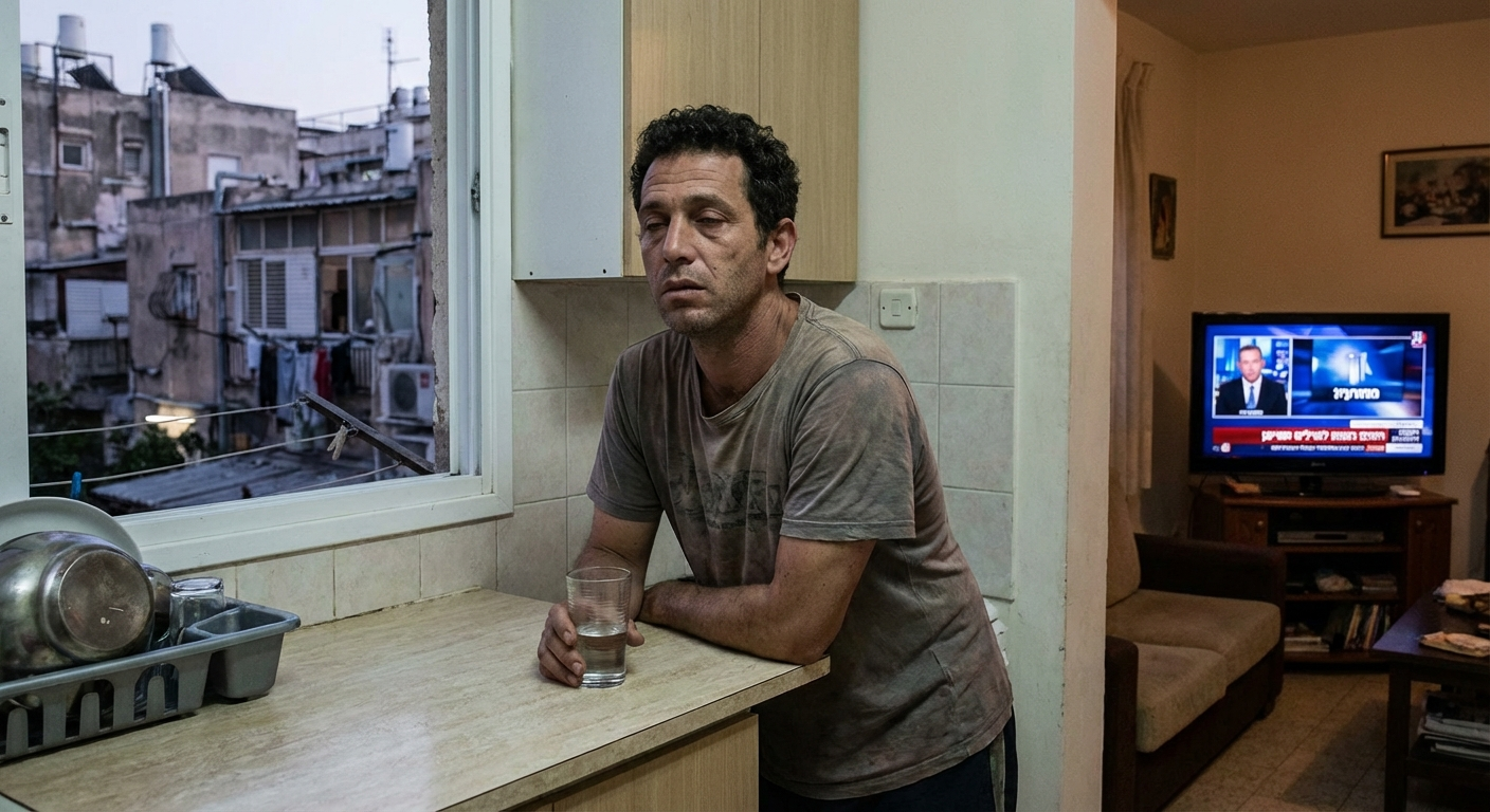 גבר ישראלי עומד במטבח ביתי בשעות הערב, נשען על השיש עם כוס מים ומביט החוצה במבט עייף אך יציב