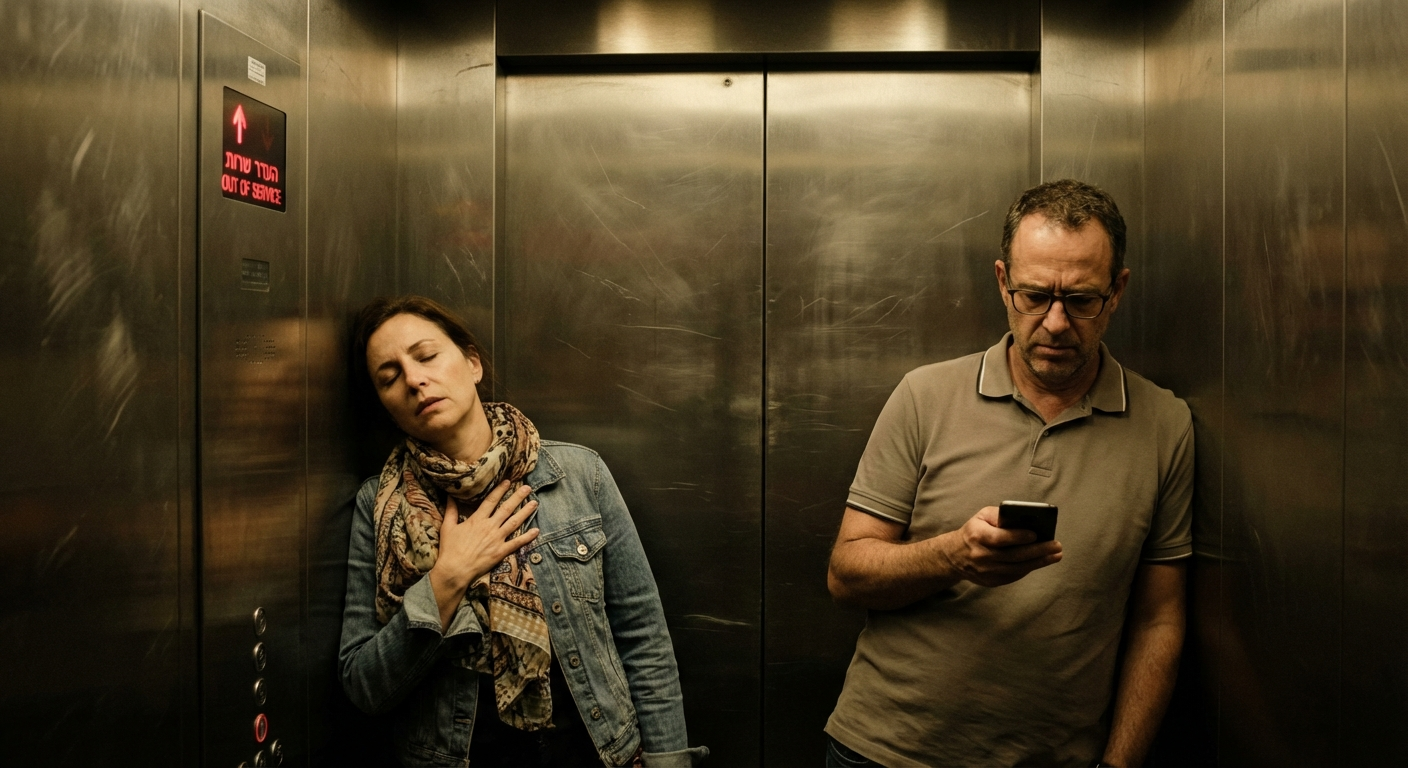 זוג ישראלים עומדים בתוך מעלית שנעצרה, אחד מהם מניח יד על החזה ונושם לאט כדי להירגע