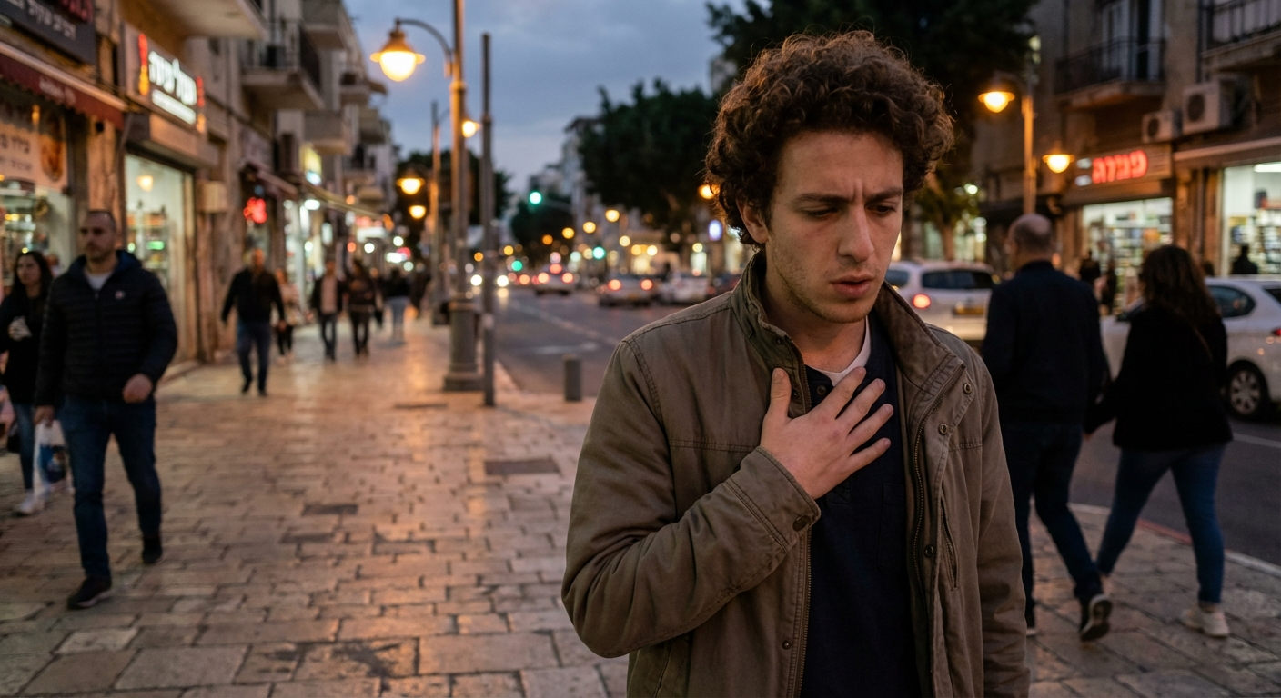 גבר ישראלי צעיר עומד על מדרכה עירונית בערב, יד על החזה, נושם לאט ומביט מעט הצידה, רגע דיסקרטי של התמודדות