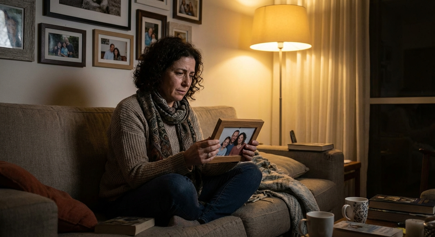 הורה ישראלי יושב בסלון, מביט בתמונה ממוסגרת של המשפחה, אור ערב רך ומחמם