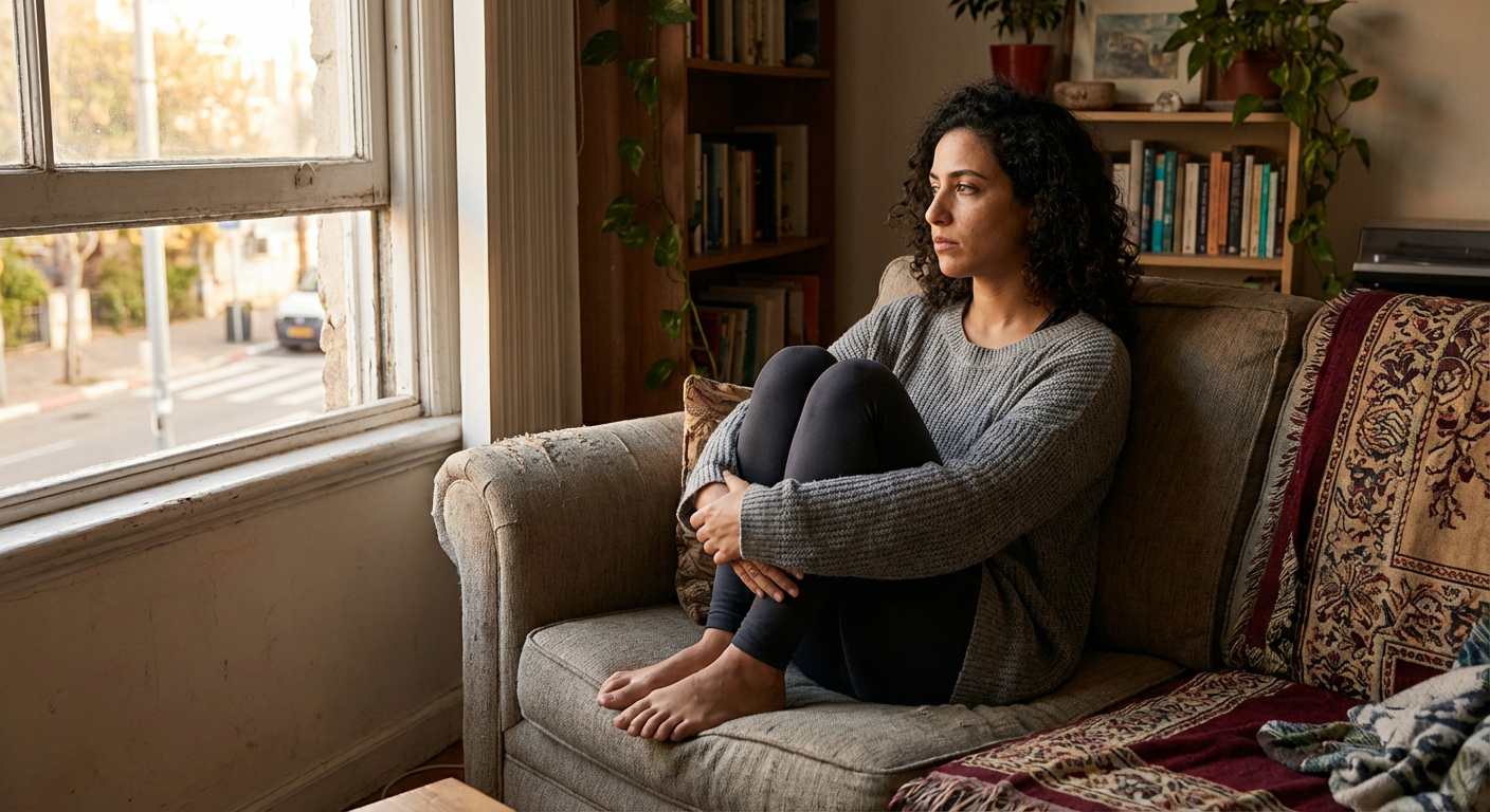 אישה ישראלית צעירה יושבת על ספה עם ברכיים מכופלות, מביטה החוצה מהחלון