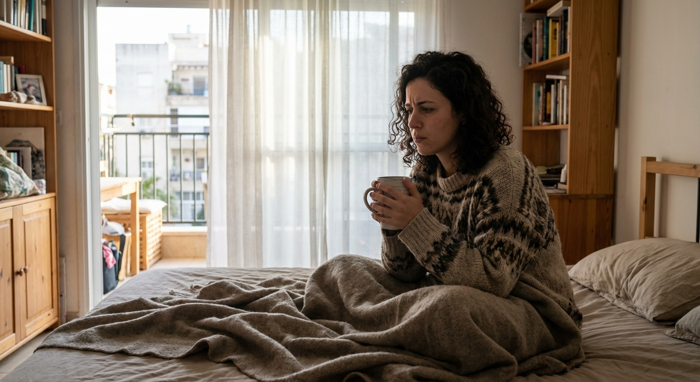 אישה ישראלית צעירה יושבת על מיטה עם שמיכה, מרגישה עצבנות ומחזיקה כוס תה