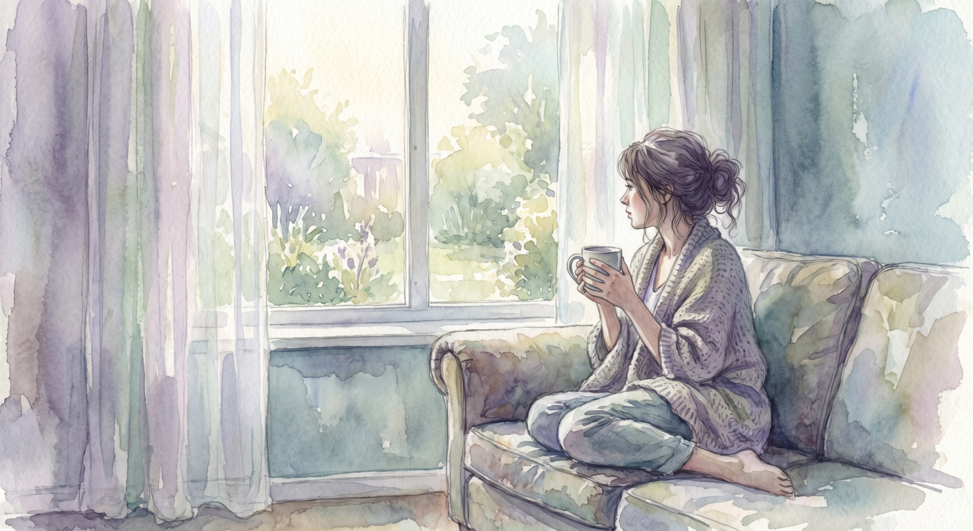 אישה ישראלית יושבת על ספה עם כוס תה, מביטה מהחלון בעודה מחבקת כרית, אווירה רכה ומלנכולית