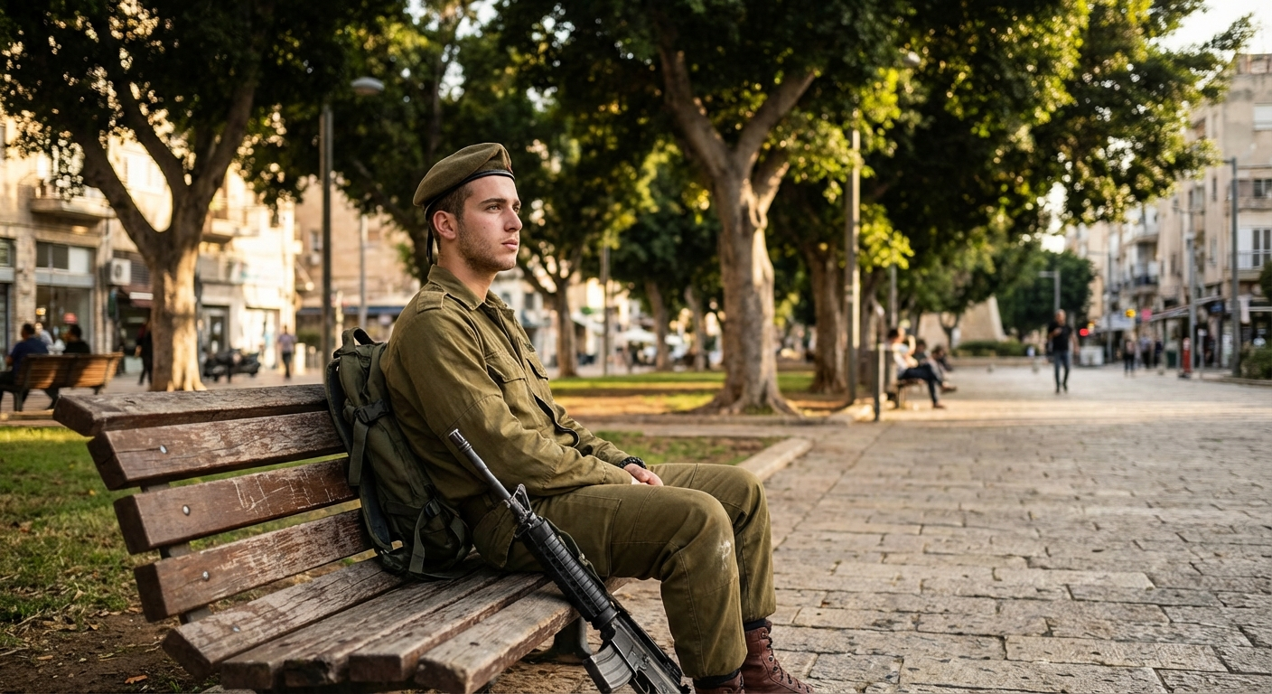 חייל ישראלי צעיר יושב על ספסל בפארק עירוני ומביט לרחוק, תאורה טבעית