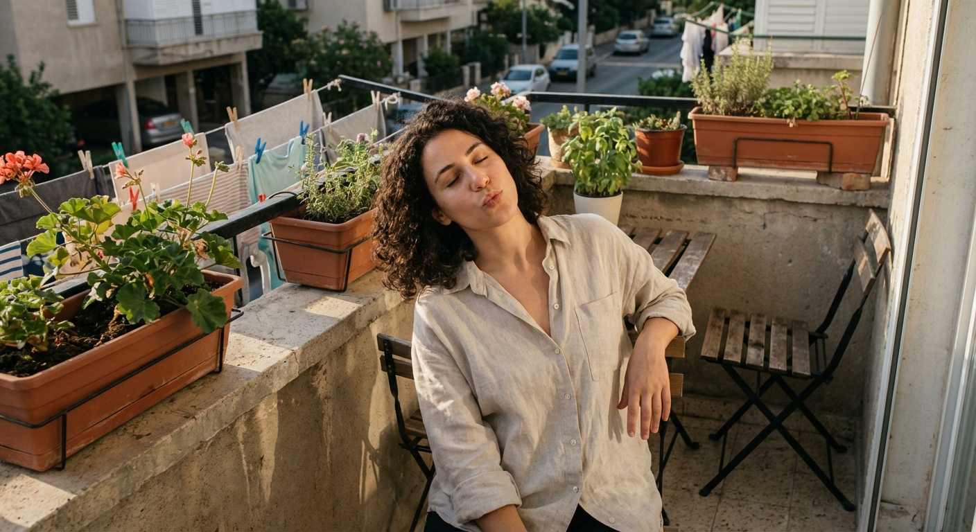 אישה ישראלית צעירה יושבת על כיסא במרפסת, עיניים עצומות, שפתיים מכווצות קלות כמו שורקת, רגע של שקט בשמש