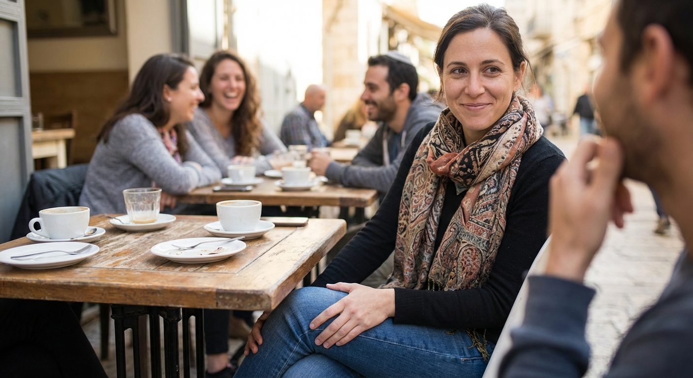 אישה ישראלית יושבת בקפה עם חברות, מחייכת, אבל היד שלה תחת השולחן לוחצת חזק על הברך