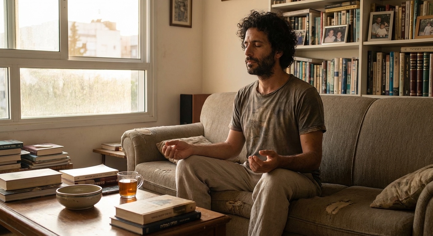 גבר ישראלי יושב על ספה בסלון ומתבונן פנימה בשקט עם ידיים פתוחות על הברכיים