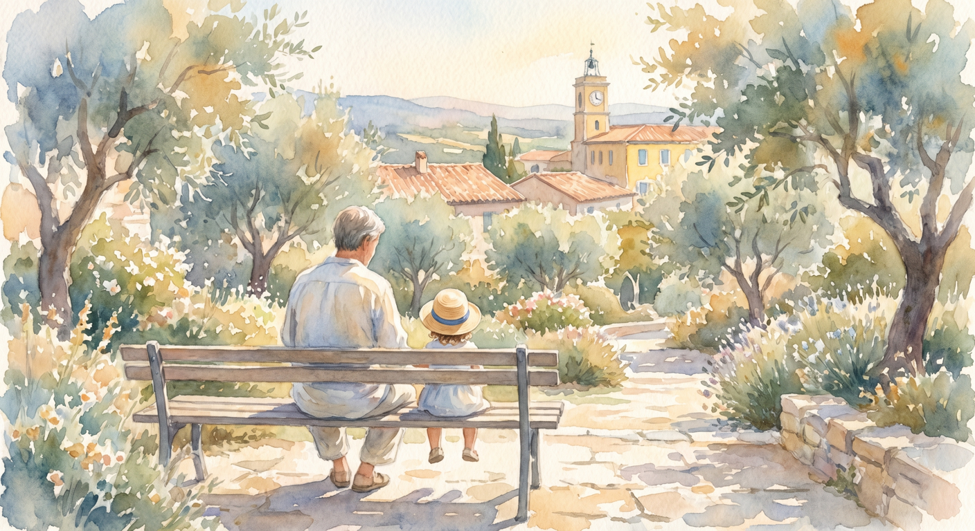 איור בצבעי מים של הורה ישראלי יושב עם ילד קטן ליד שולחן, מסתכלים יחד על בניין בית ספר מרחוק