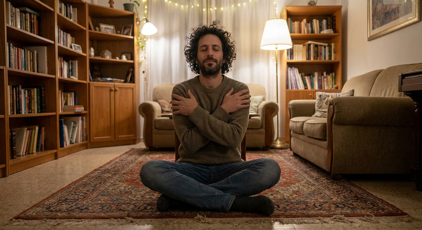 אדם ישראלי יושב בסלון ביתי, ידיים משולבות על החזה בתנוחת חיבוק פרפר, אור רך