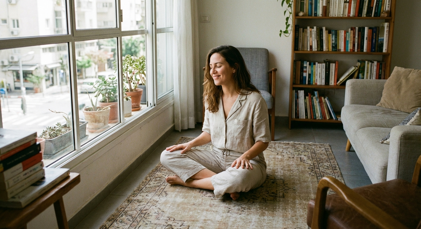 אישה ישראלית יושבת בסלון מואר, עיניים עצומות, ידיים חולבות זו על זו על הברכיים בתנועת טיפוף עדינה