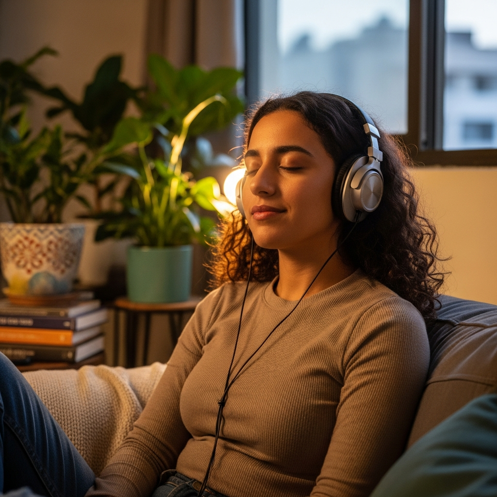צעירה ישראלית יושבת על ספה עם אוזניות, עיניים עצומות, אור ערב רך חודר מהחלון