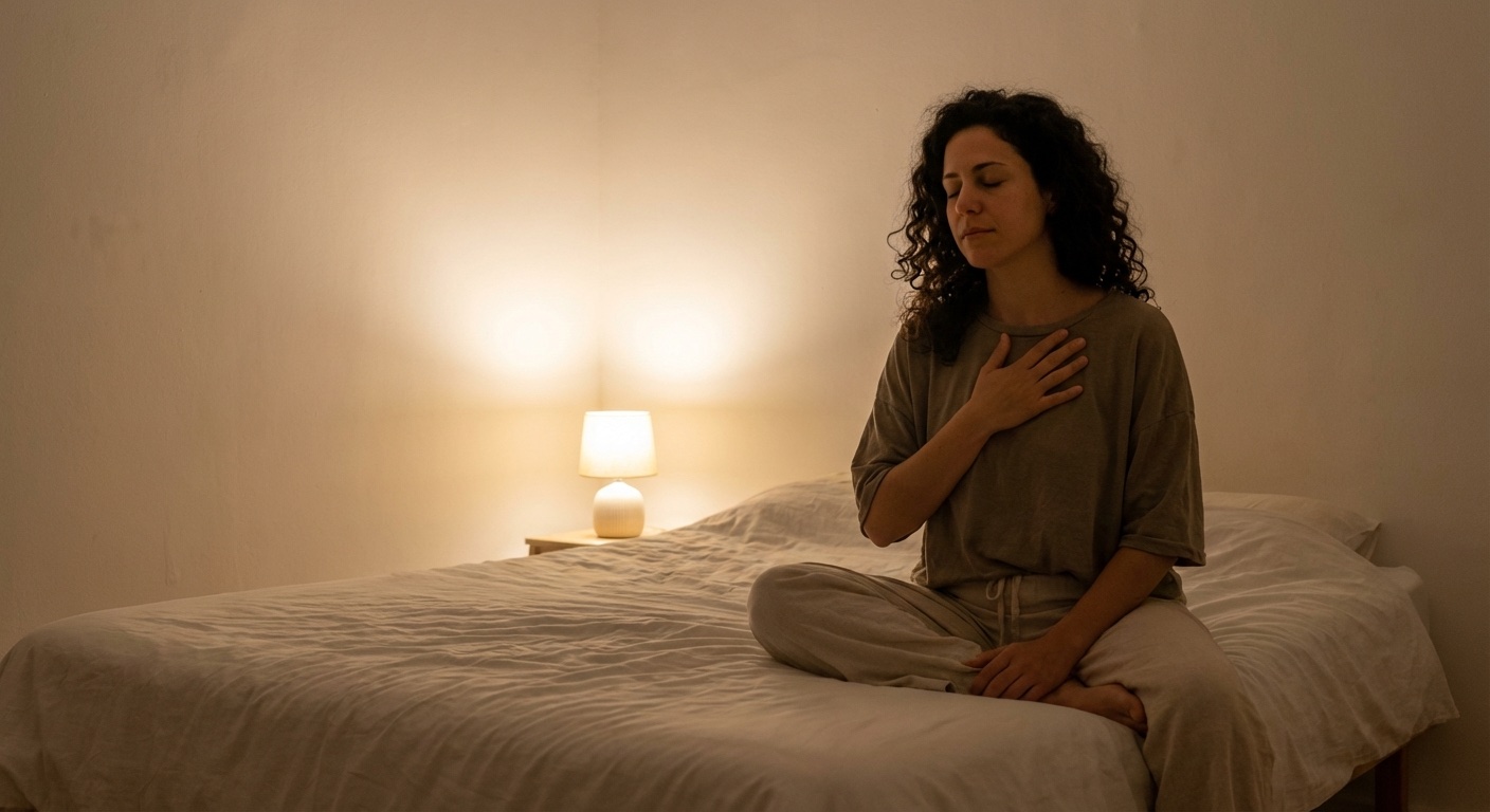 אישה ישראלית יושבת על קצה המיטה בחדר שינה חשוך למחצה ומתרגלת מדיטציה קצרה לפני שינה