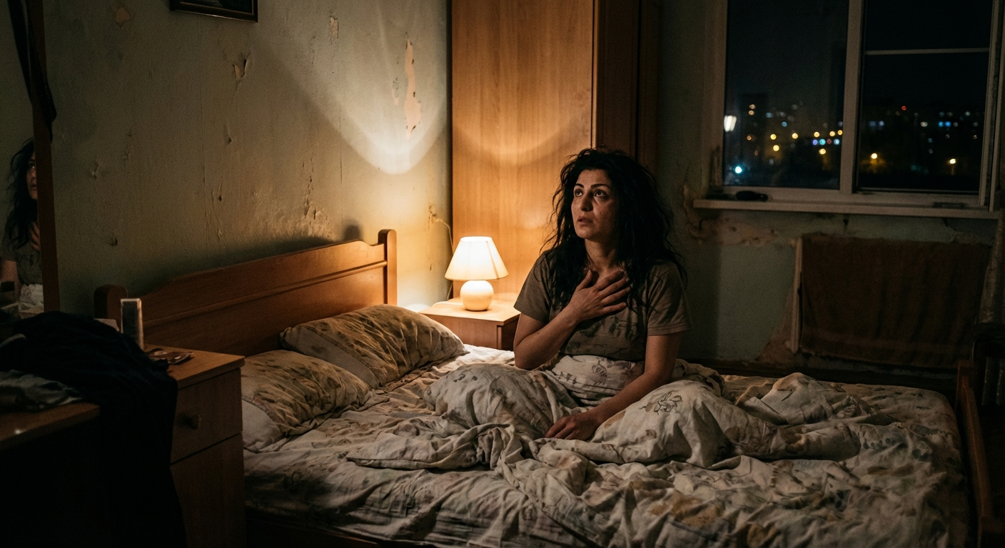 אישה ישראלית מתעוררת בלילה במיטה, פוקחת עיניים ונושמת לאט כדי להירגע