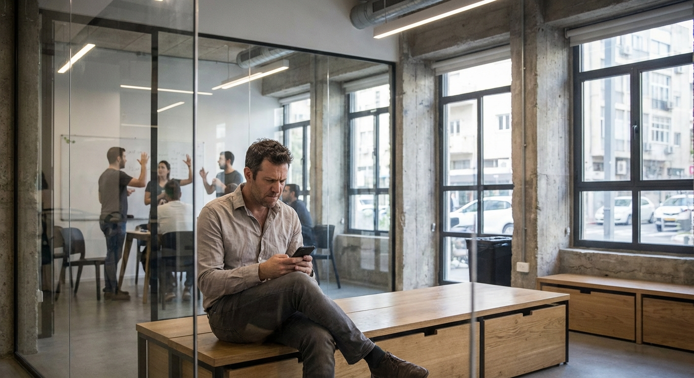 אדם יושב על ספסל מחוץ לחדר ישיבות ובודק את הטלפון בעצבנות