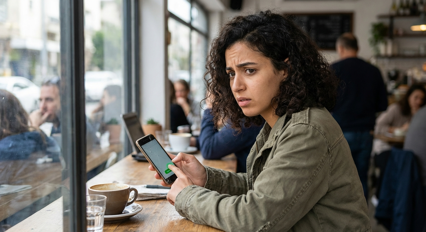 צעירה ישראלית מחזיקה טלפון ומסתכלת על המסך בהיסוס, אצבע מרחפת מעל כפתור שליחה