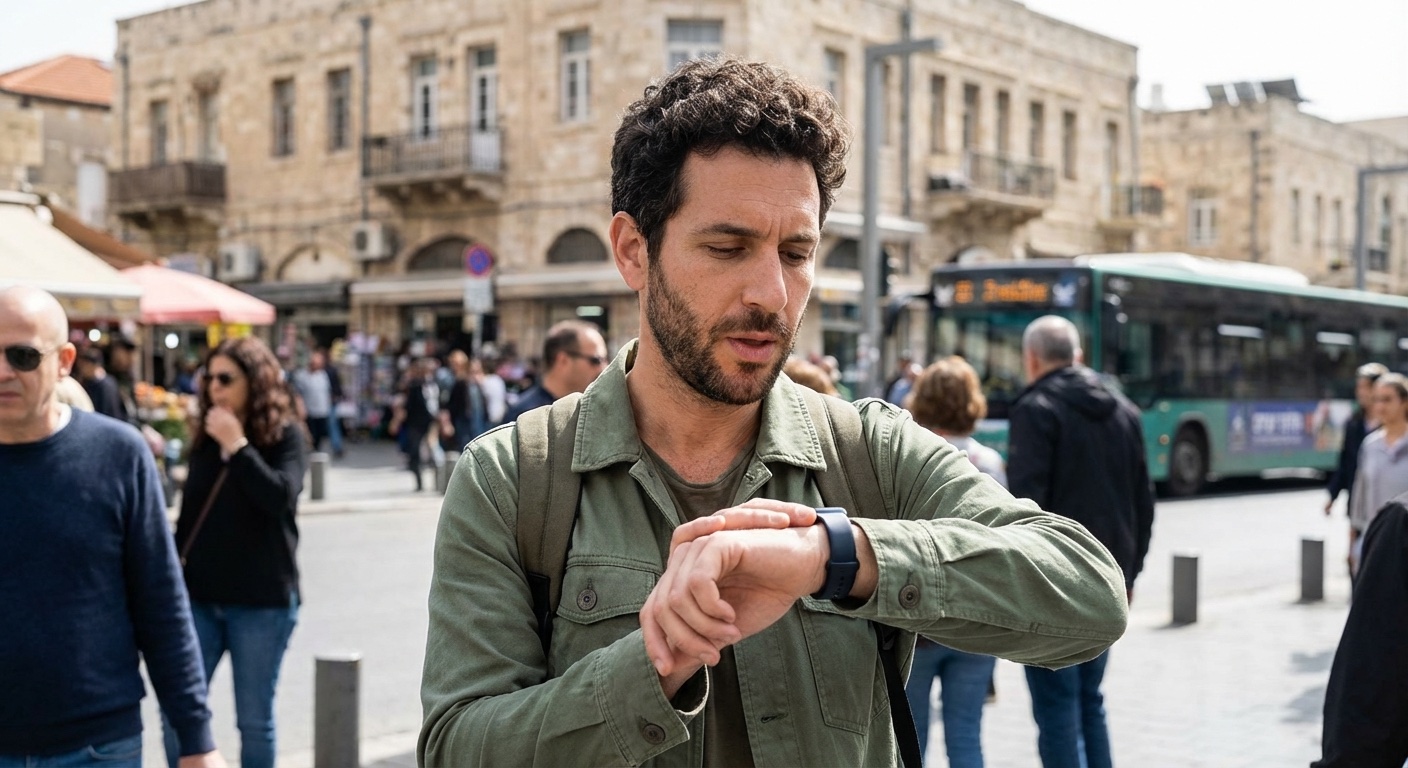 גבר ישראלי מביט בשעון חכם ואז מוריד את היד ונושם עמוק ברחוב שקט