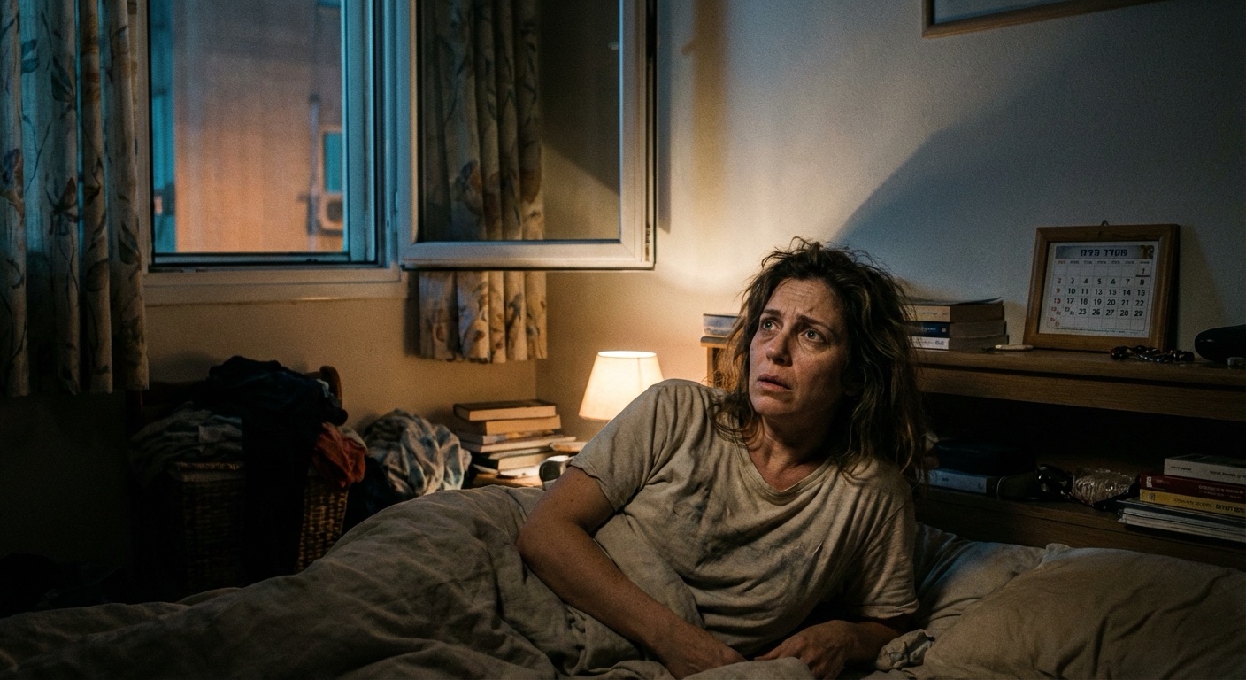 אישה ישראלית שוכבת ערה במיטה בלילה ומביטה בתקרה כשהמחשבות מציפות אותה