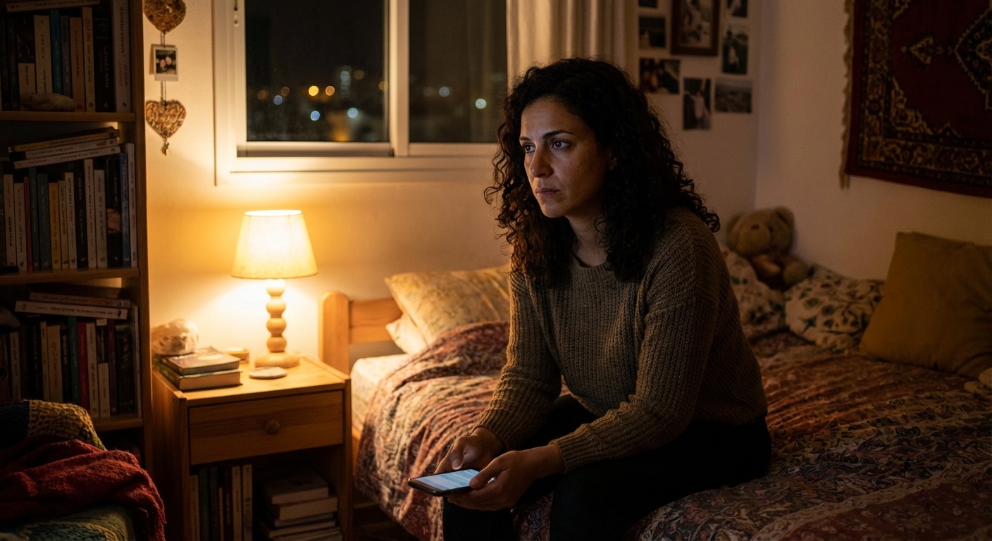 אישה ישראלית יושבת במיטה בלילה ומרחיקה את הטלפון מהיד בנשימה עמוקה