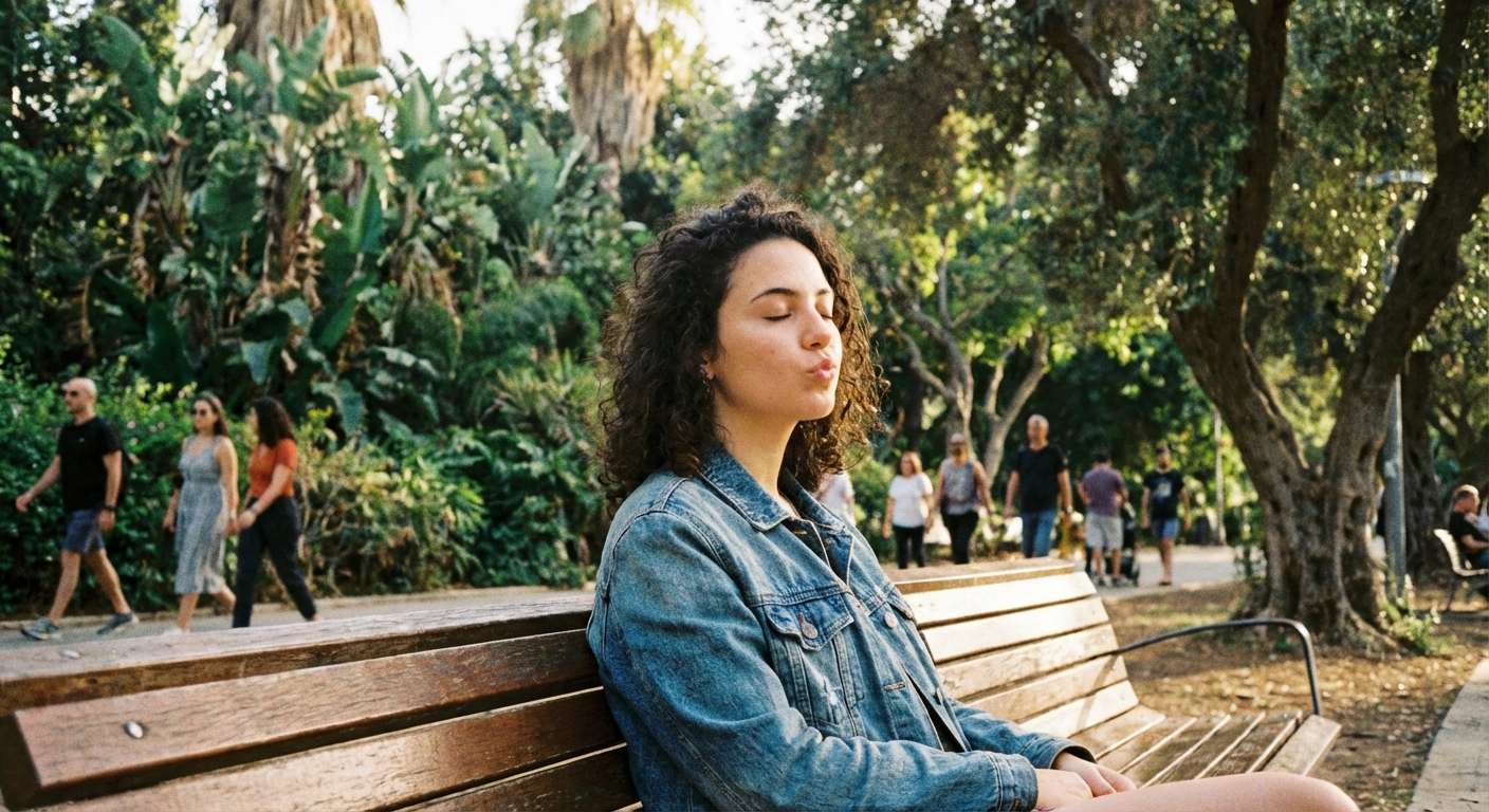 אישה ישראלית צעירה יושבת על ספסל בפארק ירוק, עיניים עצומות, שפתיים מעוגלות כמו נושפת דרך קש דמיוני, רגע של שקט
