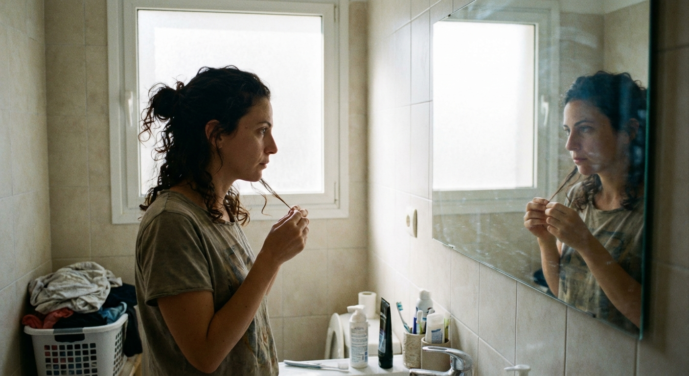 אישה ישראלית צעירה עומדת מול מראה בחדר אמבטיה ביתי, מחזיקה בעדינות קווצת שיער במבט מודאג אך רגוע, אור בוקר טבעי