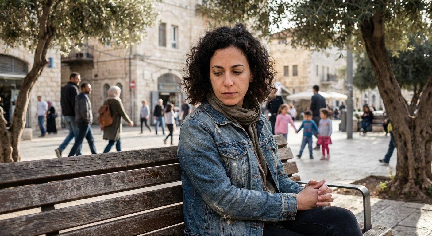 אישה ישראלית יושבת על ספסל בפארק עירוני, מביטה קדימה בהבעה מהורהרת