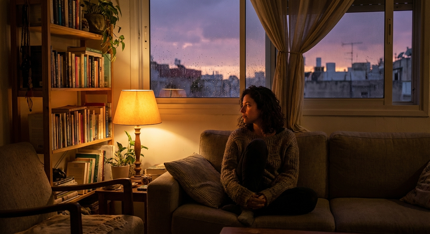 אישה ישראלית יושבת על ספה בסלון חשוך, אור כתום חם מנורת שולחן, מביטה דרך חלון לשמיים של ערב, הבעת פנים מהורהרת