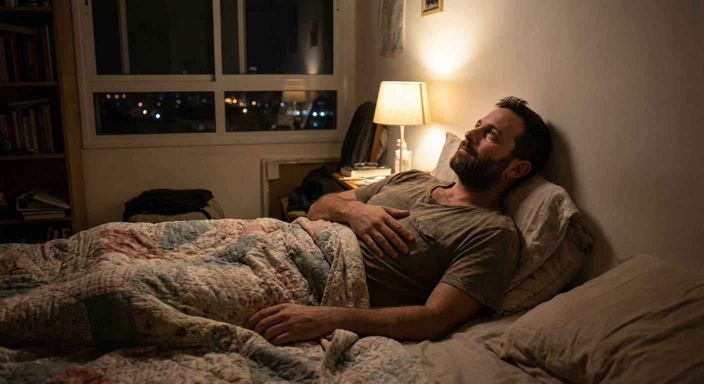 גבר ישראלי שוכב במיטה בלילה עם יד על החזה, נושם לאט כדי להרגיע צפצוף באוזניים