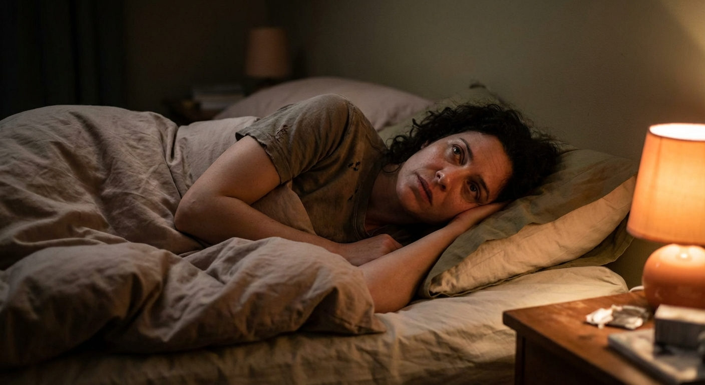 אישה עייפה שוכבת במיטה בלילה עם עיניים פקוחות ותאורה חמה