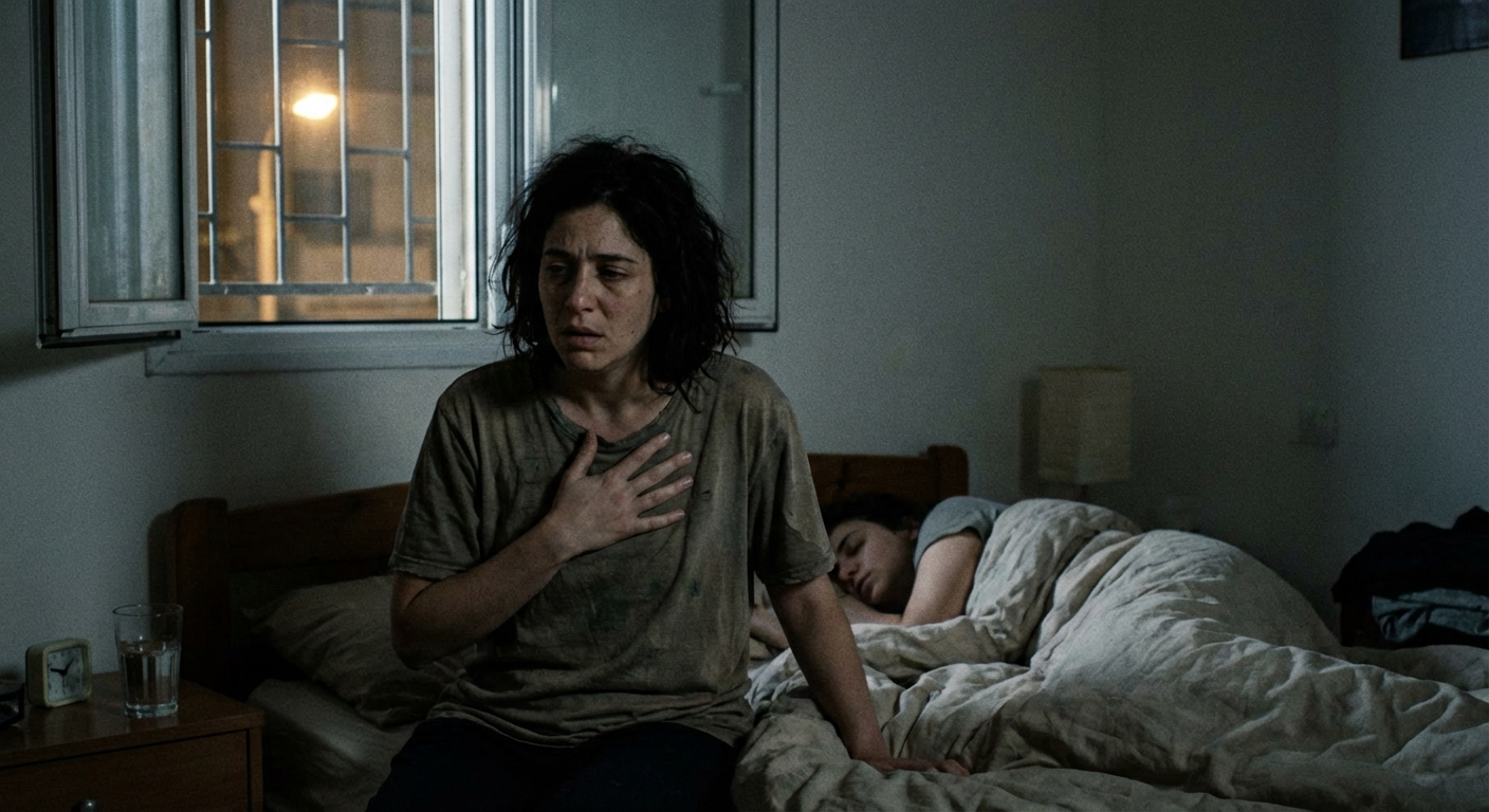 זוג ישראלי ישן בחדר שינה, אחד מהם מתעורר מרעש קל בחוץ ומניח יד על החזה כדי להירגע