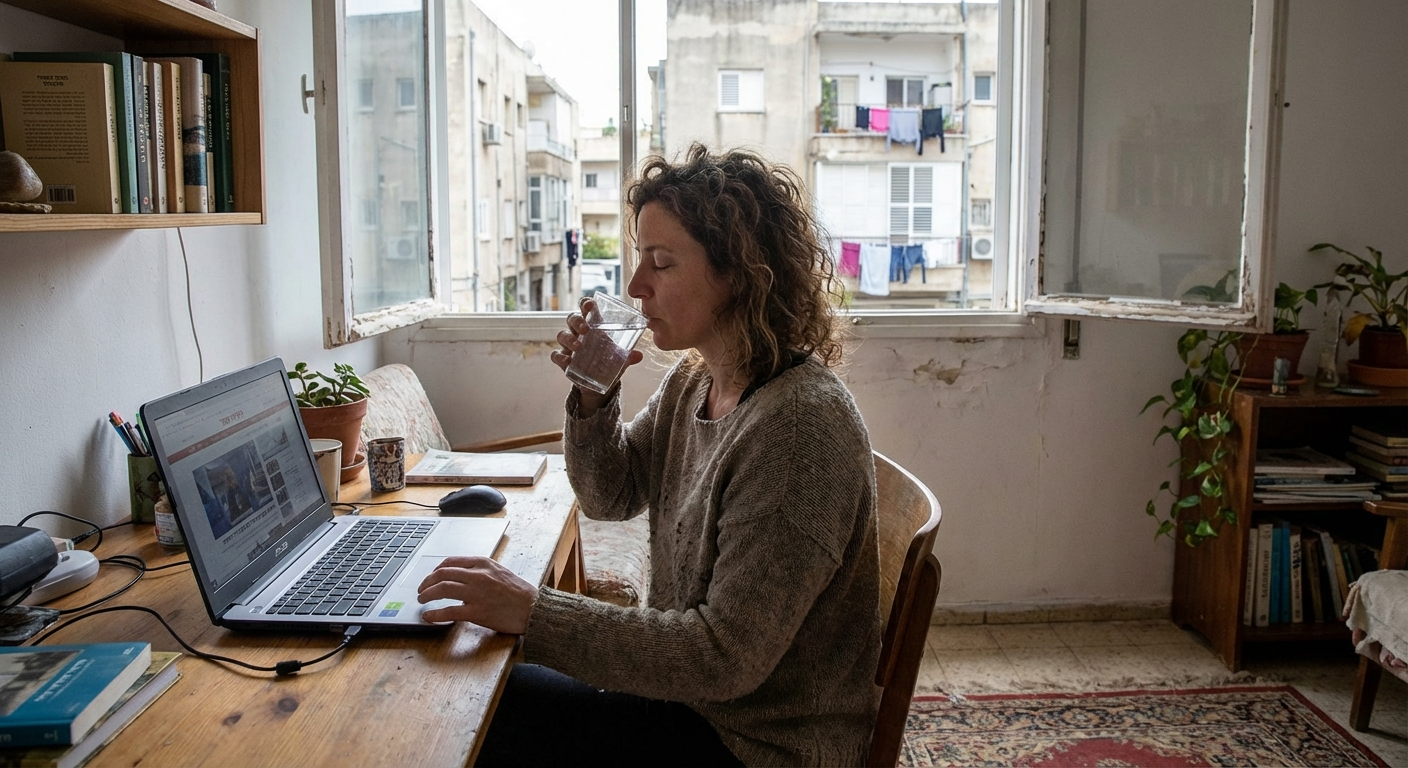 אישה ישראלית יושבת ליד שולחן עבודה בבית אחרי אזעקה, מחזיקה כוס מים ונושמת לאט לפני חזרה לריכוז