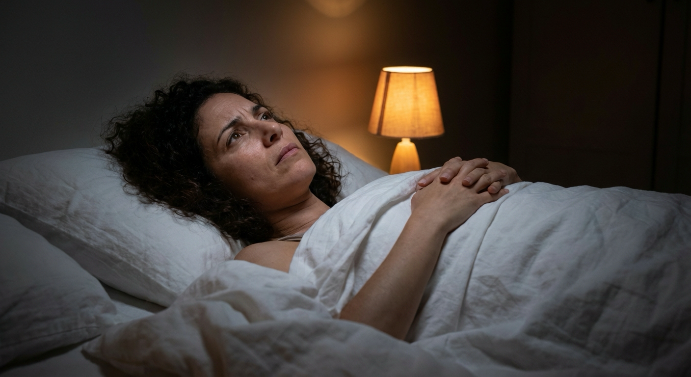 אישה ישראלית ערנית במיטה באמצע הלילה, אור חלש מנורת לילה, ידיים על הסדין