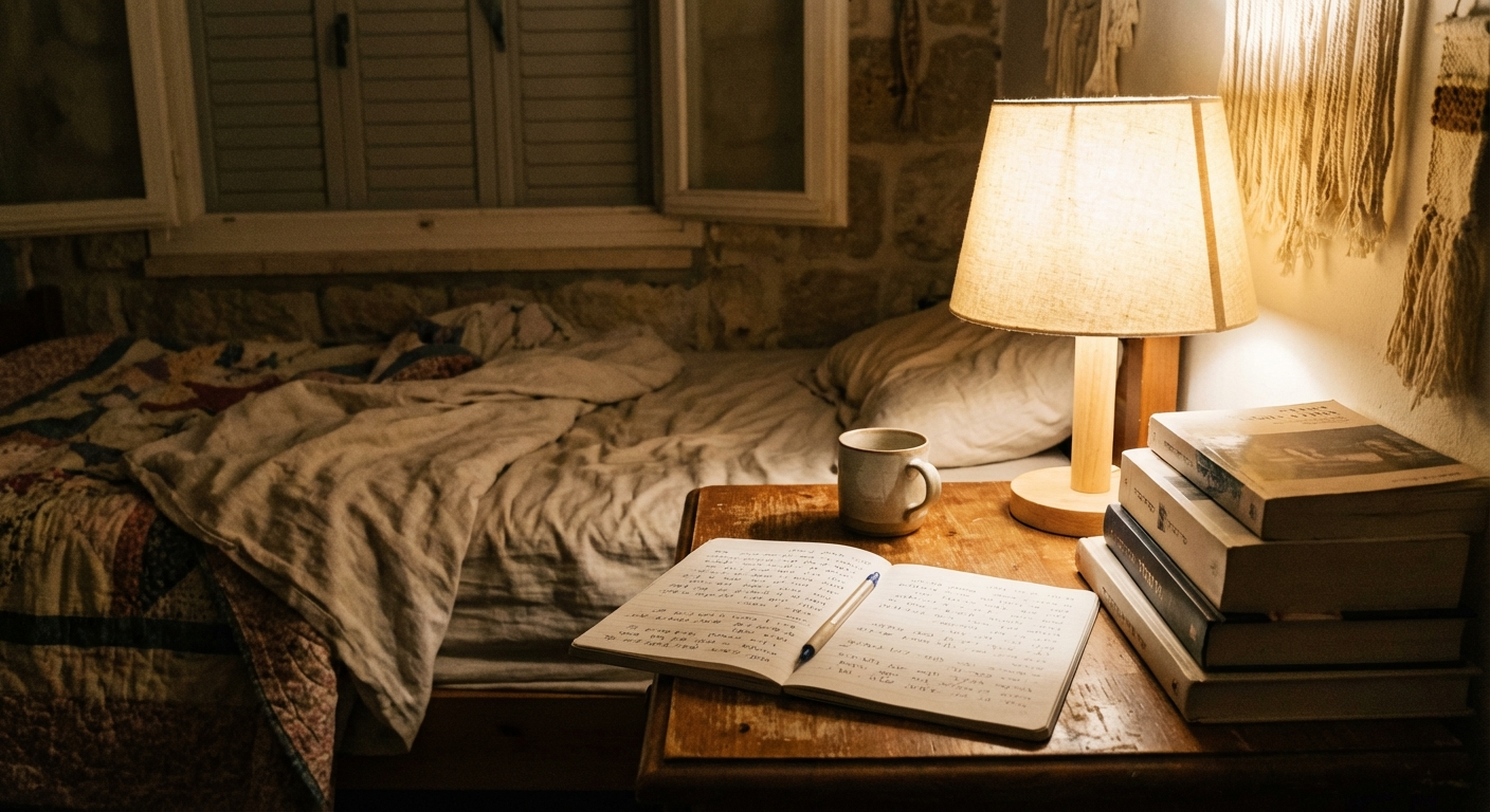 מחברת ועט על שידה ליד מיטה באור לילה רך