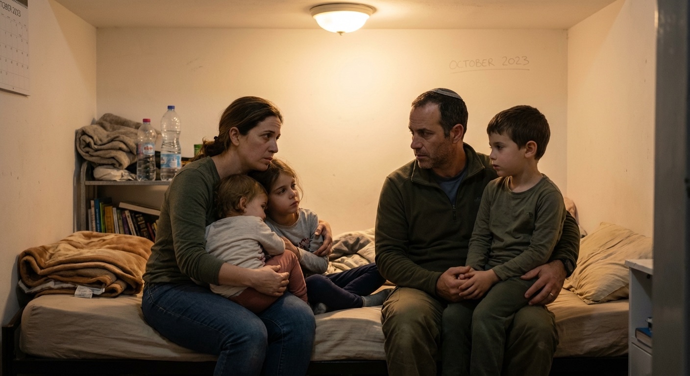 משפחה ישראלית יושבת בממד עם תאורה חמה, אווירה מתוחה אך תומכת
